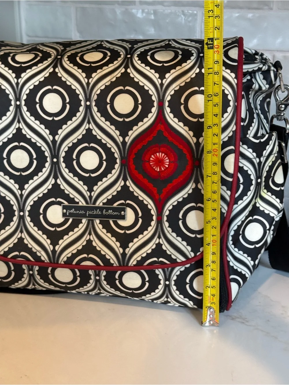 Petunia Pickle Bottom Black & White Geometric Baby Bag with Red Accent